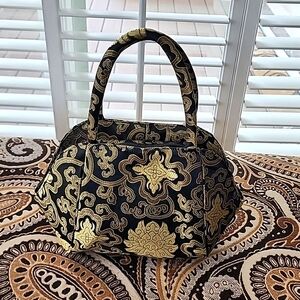 Asian Inspired Gold and Black Printed Polyester Purse
